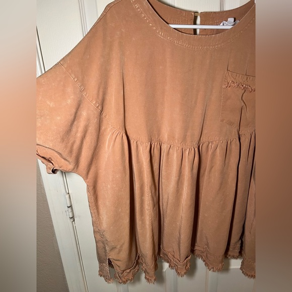 Sewn + Seen Washed Brown Babydoll Peplum Top Raw Hem Pocket Size L - Picture 6 of 9